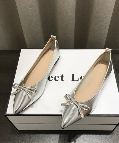 Frauen Bequeme Bogen Spleißen Flache Schuhe Gold Kunstleder Spitz 
