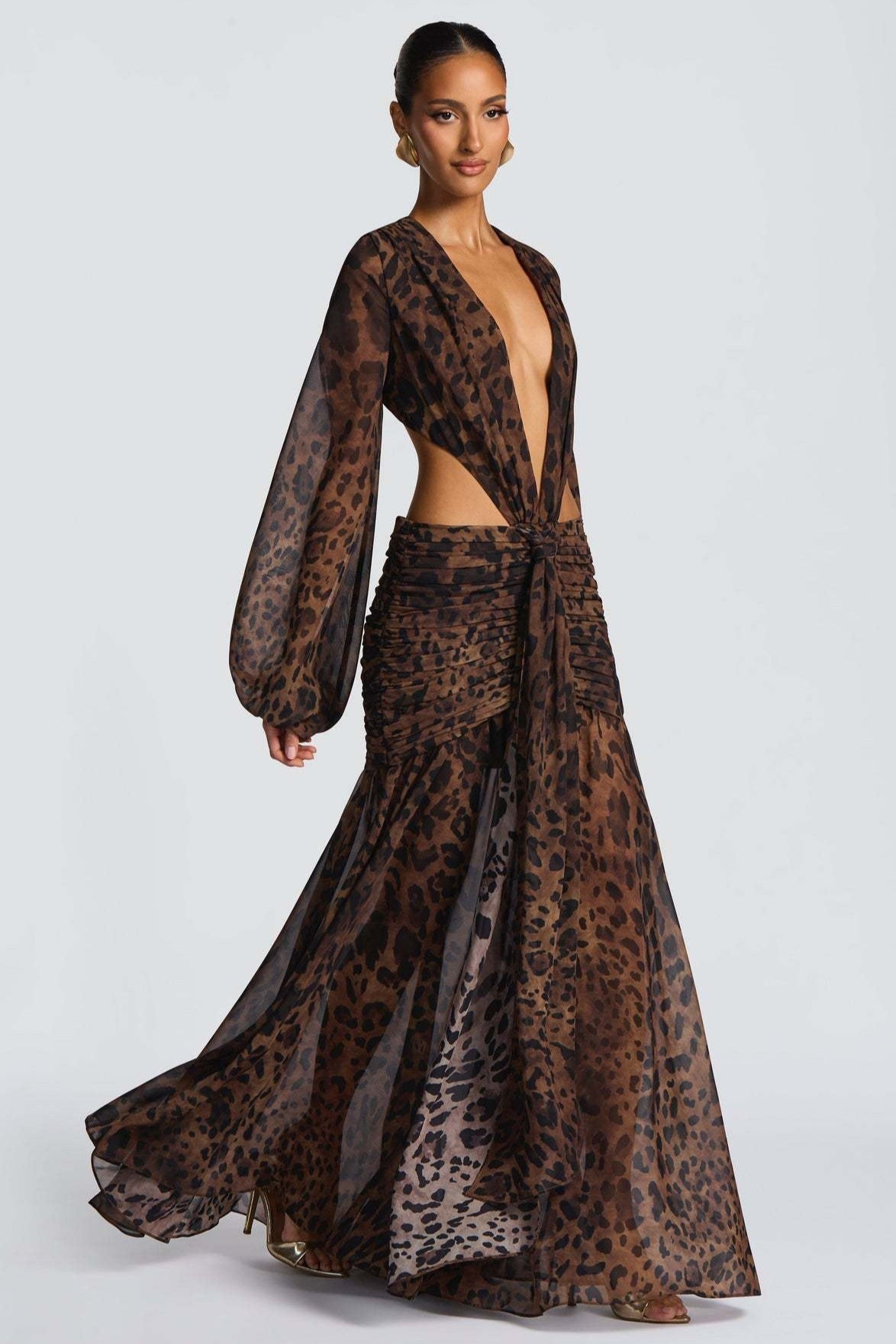 Leopard Mesh Hollow Deep V Sexy Maxi Dress
