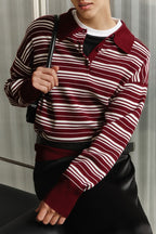Color-block Stripe Fitted Polo Knit Blouse