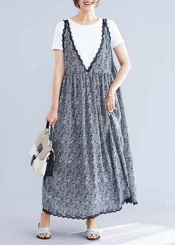 Vestido maxi de verano 100 % negro con cuello en V, de gasa, acolchado, con volantes de encaje 