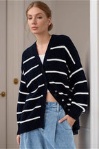 Striped Cotton V Neck Knit Cardigan