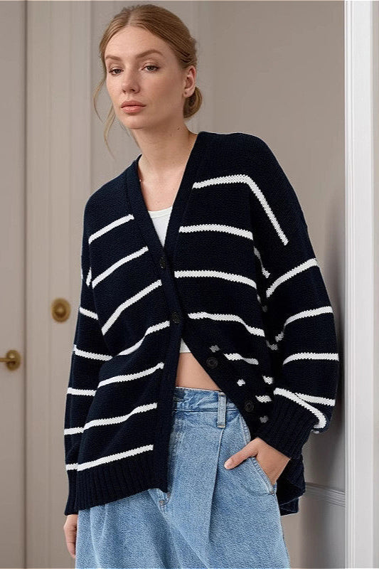 Striped Cotton V Neck Knit Cardigan