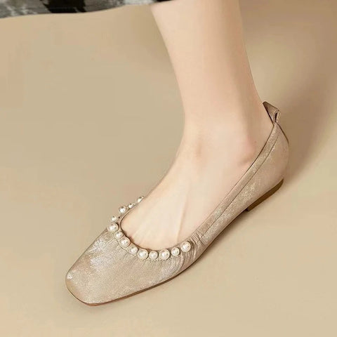 Zapatos planos con punta cuadrada y cuentas para mujer, zapatos de ballet elegantes y poco profundos con suela suave para baile, zapatos de fiesta de otoño 2024, zapatos cómodos. 