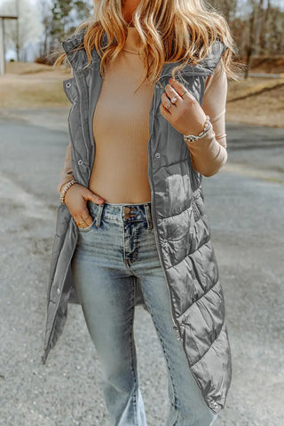 stylish dark grey quilted hooded long vest coat