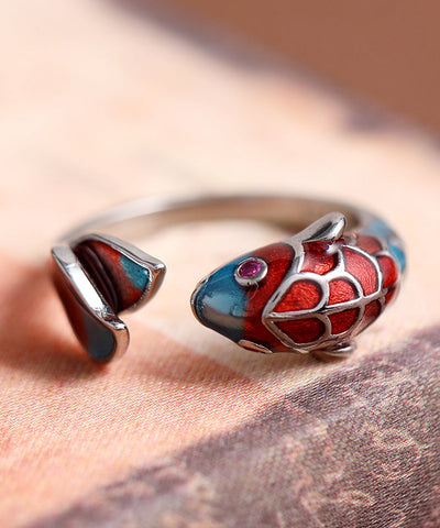 Anillos de carpa con brocado cloisonné en plata de ley con diseño abierto y bloques de color retro 