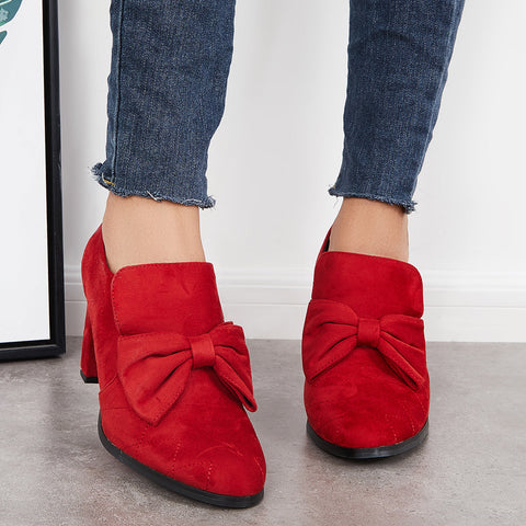 Zapatos de vestir sin cordones con tacón alto y grueso con punta puntiaguda y lazo 