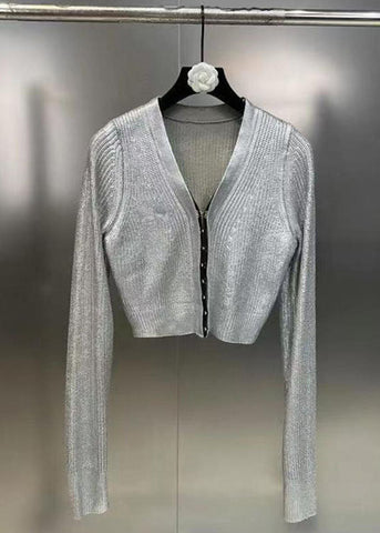 Tops de punto de patchwork con cuello en V plateado y corte entallado de manga larga 