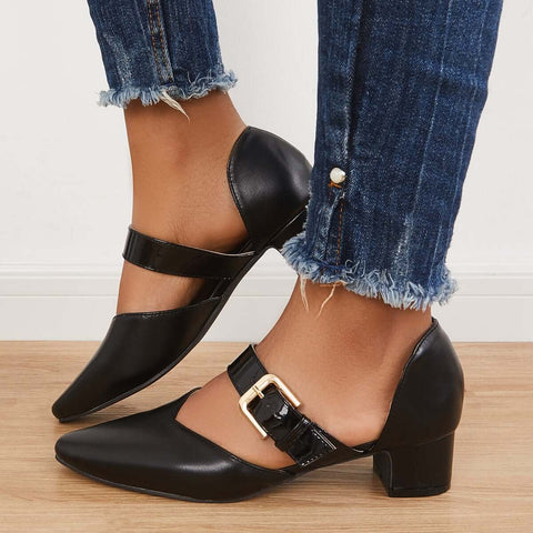 Block Low Heel Mary Jane Pumps Pointed Toe Buckle Dress Shoes