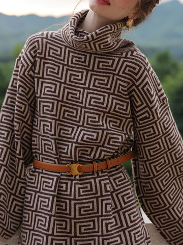 Vestidos tipo suéter con cuello alto, mangas largas y estampado jacquard, minivestidos