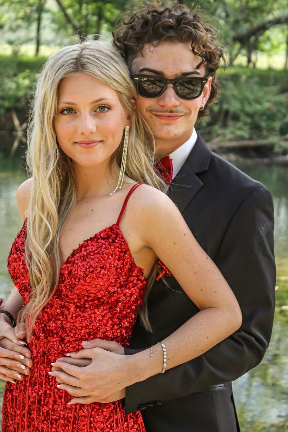 Mermaid Spaghetti Straps Red Sequins Long Prom Dress with Split Front