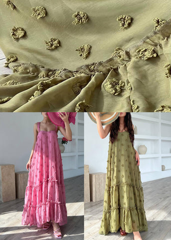 Armeegrünes Blumenkleid aus Baumwolle mit Spaghettiträgern und Rüschen 