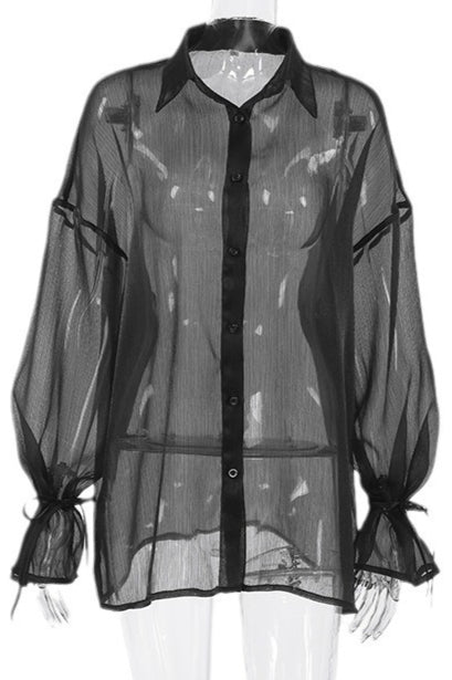 Sheer Puff Long Sleeve Collared Blouse