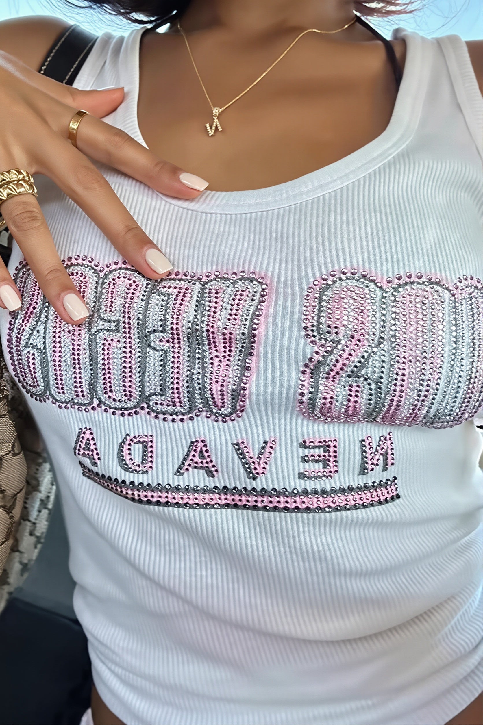 White Print Rhinestone Tank Top