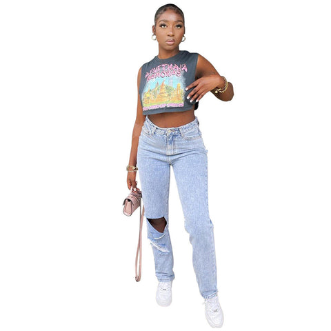 Summer Women Clothing Sexy Casual Printed Sleeveless Women Short T-shirt