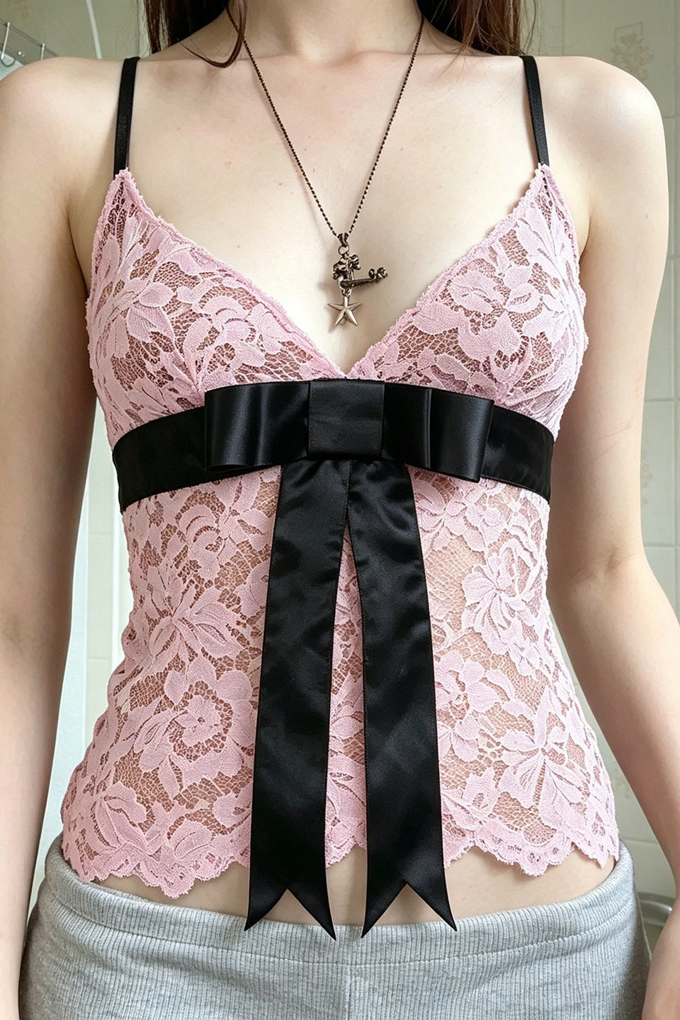 Sweet Color Block Bow Lace Cami Top