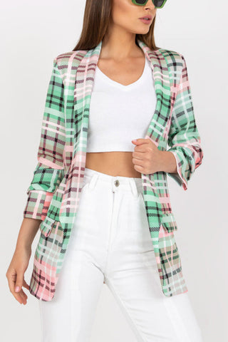 Lässiger Blazer für Damen, Farbe kariert, langärmelig, vorne offen, für die Arbeit im Büro, Anzugjacke mit Tasche 
