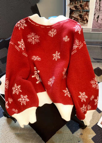 Neu Rot V Neck Print Lace Up Baumwolle Stricken Pullover 