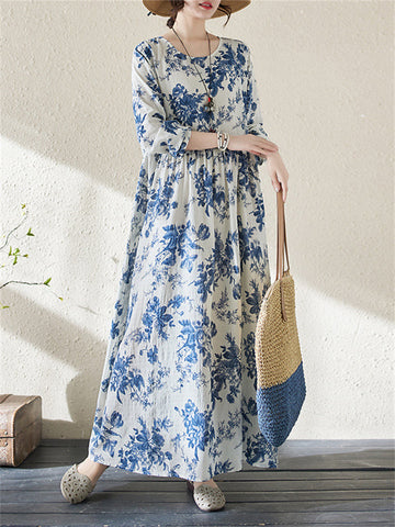 Frühlingsblaues, geblümtes Urlaubs-Langkleid für Damen 