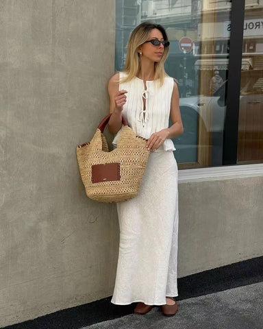 Conjunto de cárdigan sin mangas con cordones, falda larga y chaleco de lino y algodón 