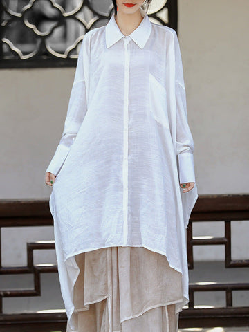 Loose Raglan Sleeve See-Through Solid Color Split-Joint Split-Side Lapel Blouses