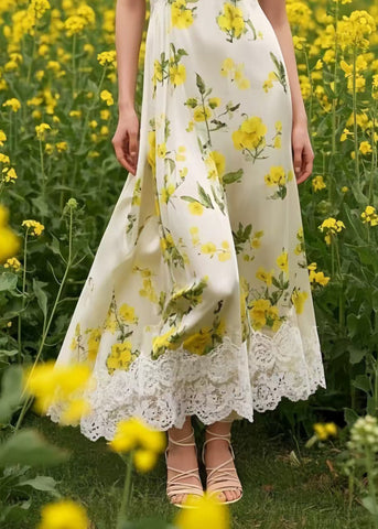 Stilvolles gelbes Blumen-Patchwork-Spitzen-Chiffon-Camisole-Kleid für den Sommer 