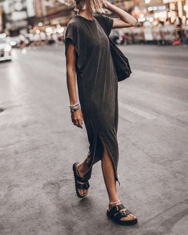 Simple and Effortless Open Sleeve Slit Oversized T-shirt Midi Dress