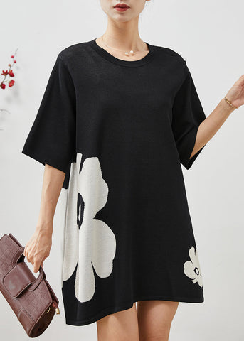 Minivestido elegante de algodón negro de gran tamaño con estampado floral para verano 