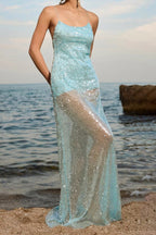 Solid Patchwork Sheer Backless Cami Sequin Maxi Dress