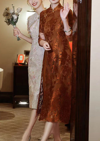 Neu Orange Stehkragen Taste Seite Offen Spitze Kleid Armband 