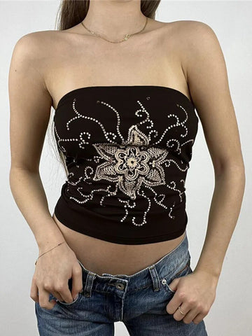 Tops vintage con estampado floral, top corto sin mangas para mujer, camiseta de fiesta, ropa de calle con hombros descubiertos de verano 2024 