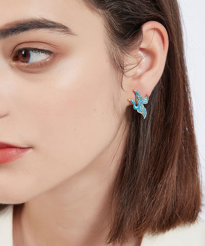 Stilvolle Ohrstecker mit gekröntem Kranich aus Sterlingsilber, blau 