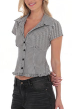 Cropped Plaid Polo Neck Button Blouse