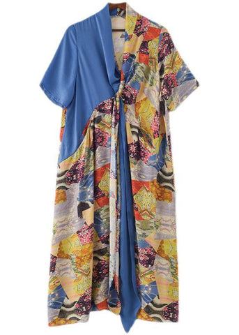 Vestido veraniego de gasa con patchwork y estampado azul sencillo 