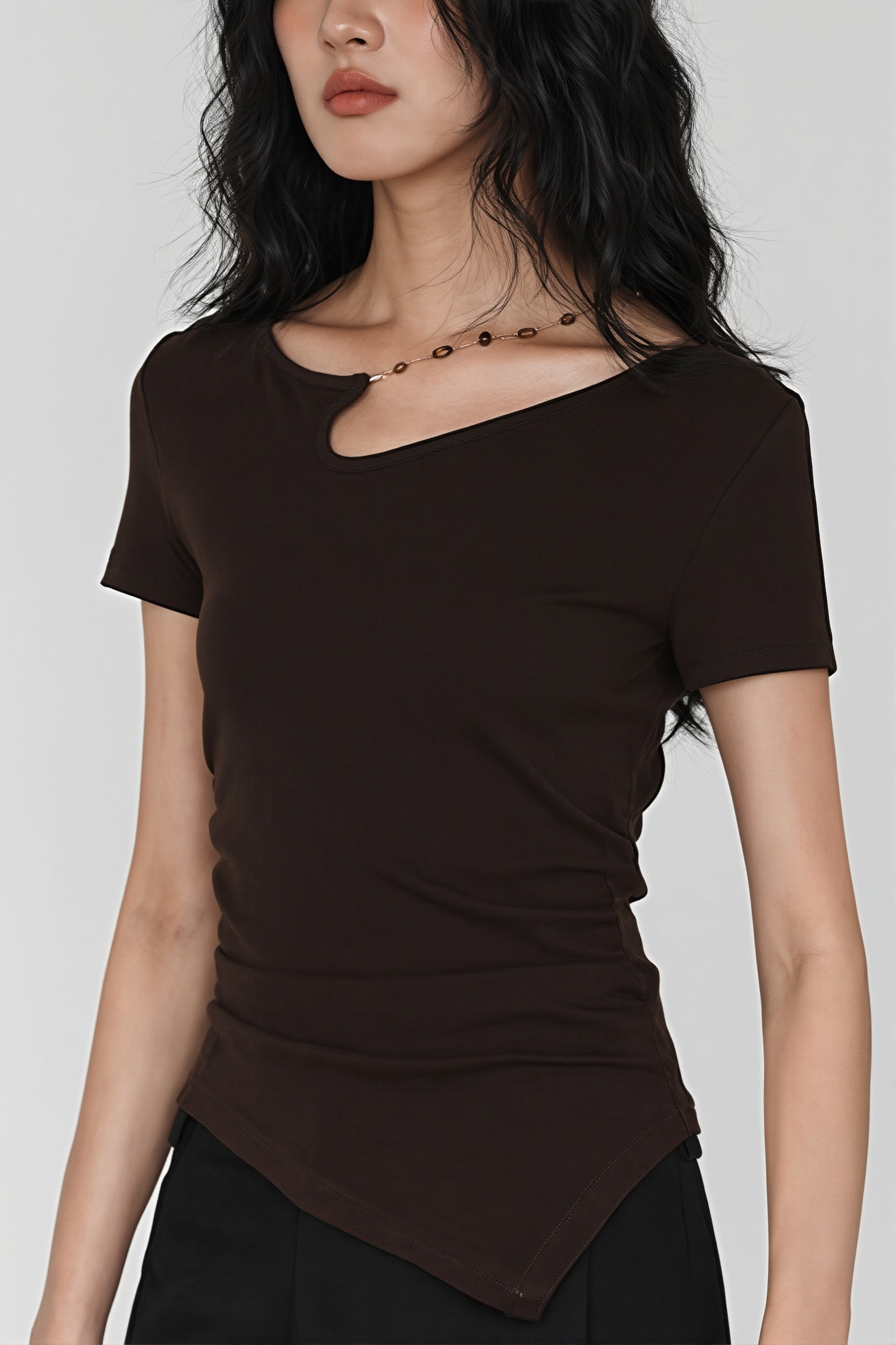 Solid Simple Beaded Hollow Neck T-Shirt