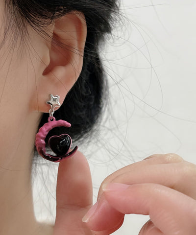 Gradient Color Pink Sterling Silver Alloy Glass Moon Love Drop Earrings