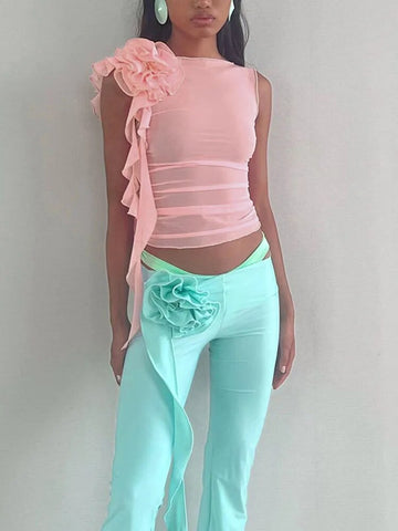 O Neck Women Flower Mesh Sexy Club Skinny Basic Y2K Crop Tops Streetwear Fashion Summer 2024 T Shirt Outfits Tank Tops