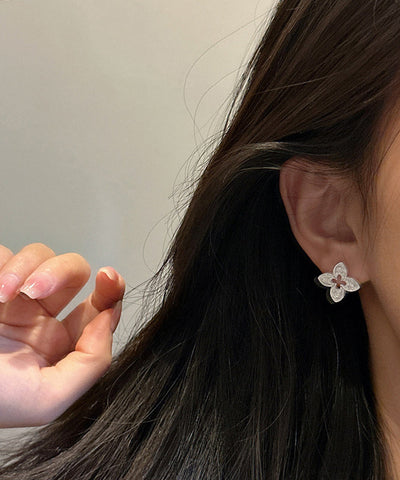 Novelty Silk Sterling Silver Four Leaf Clover Hollow Out Stud Earrings