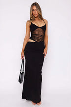 Mesh Patchwork Backless Slim Bodycon Maxi Dress