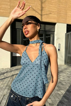 Chic Tie Dye Dot Mesh Deep V Slim Cami Top