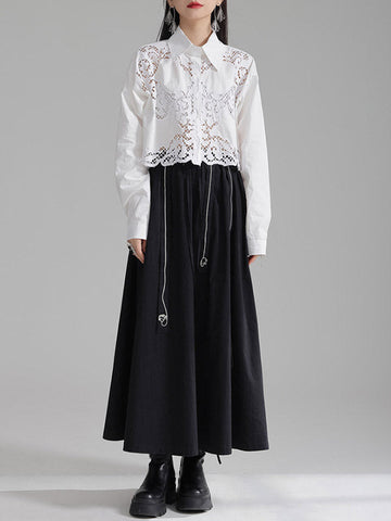 Lange Ärmel Lose Geknöpft Hohl Einfarbig Revers Blusen &amp; Hemden Tops 