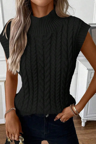 elegante chaleco de cuello alto de punto trenzado negro 
