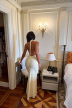 Lace Halter Tie Back Bodycon Maxi Dress