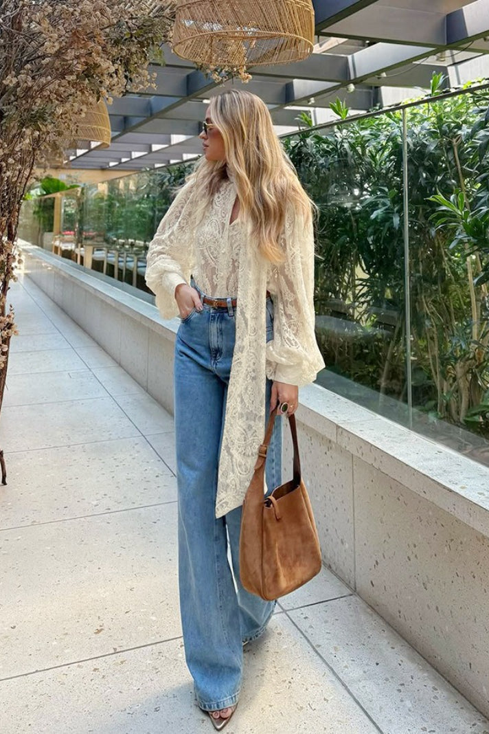 Elegant Tie Sheer Lace Long Sleeve Blouse