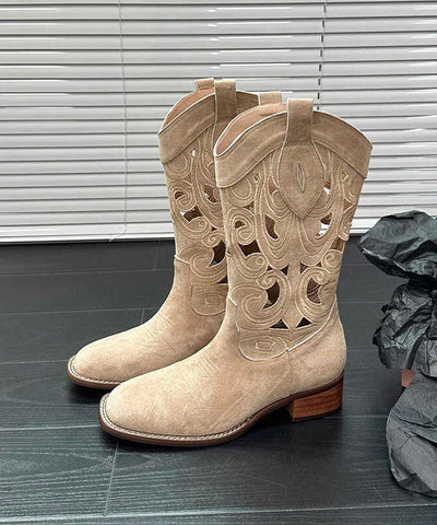 Stil Aushöhlen Stickerei Chunky Stiefel Braun Rindsleder 