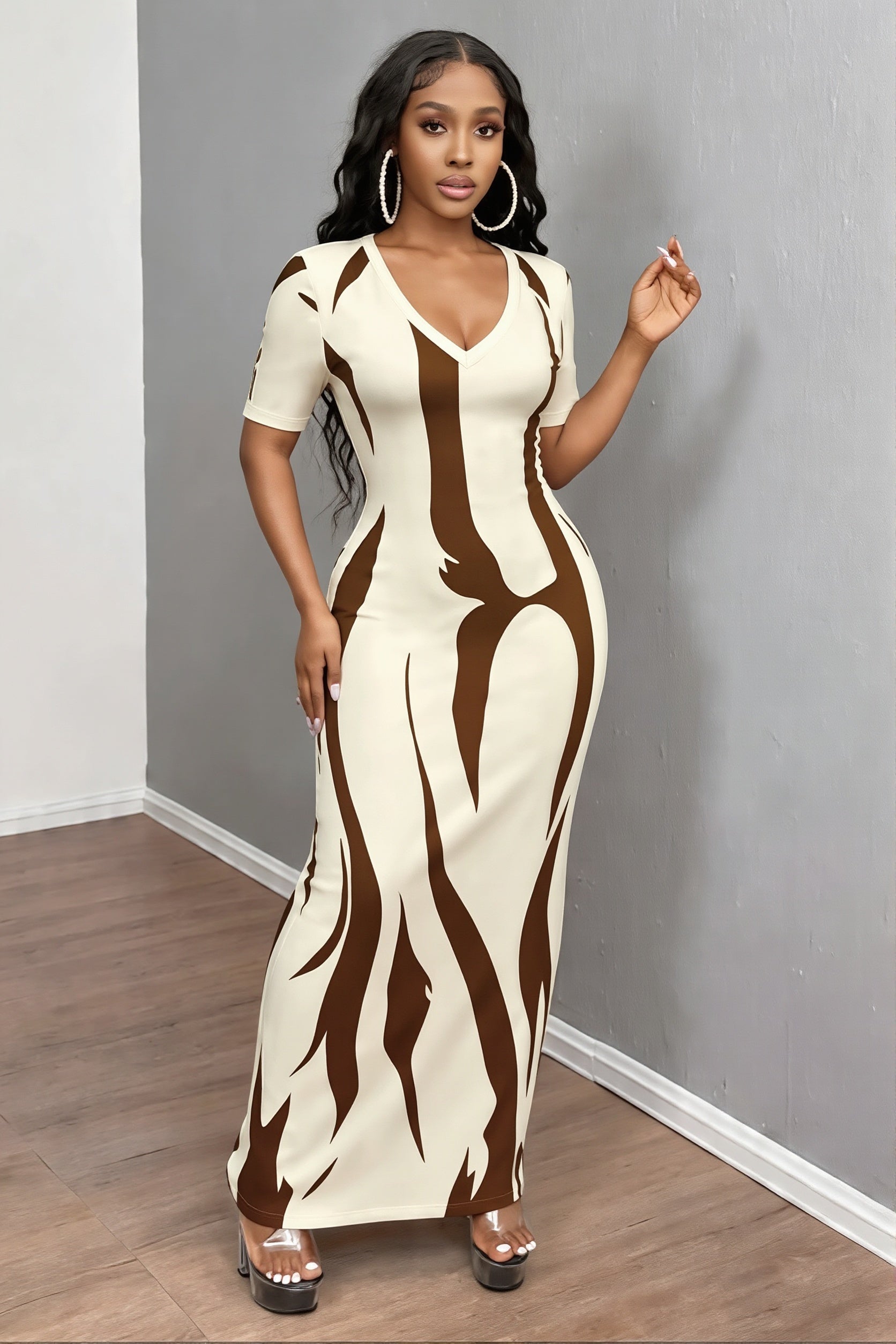 Elegant Daily Commute Printed Short Sleeve V Neck Slim Maxi Dress