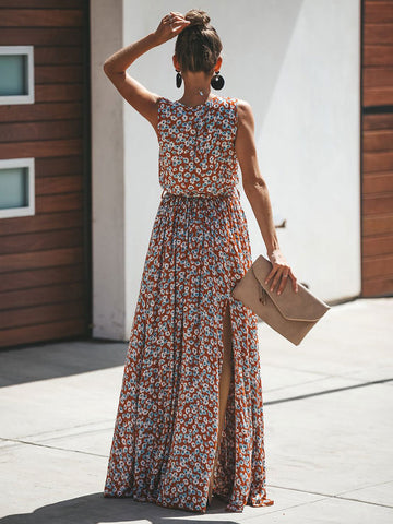 Vestido maxi floral sin mangas con cuello en V y abertura para verano 