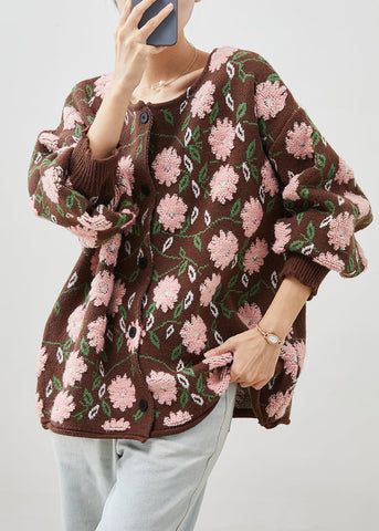 Simple Coffee Oversized Jacquard-Strickjacke mit Blumenmuster für den Winter 