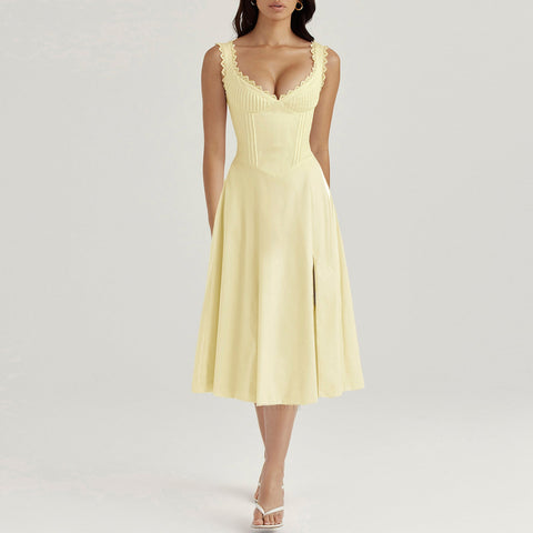 Strap Dress Women Summer Elegant Lace V Neck Fitted Waist Backless Lace Up Midi Dress – Best Summer Dress for Women