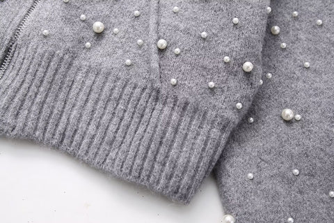 Herbst Damen Kleidung Rundhals Langarm Einreihiger Kunstperlenpullover 