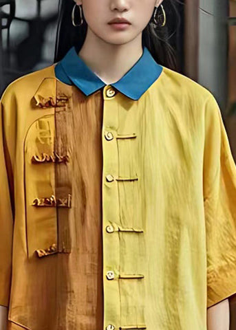 Vorverkauf - Versand in 30 Tagen/Vintage Gelb Peter Pan Kragen Rüschen Patchwork Tops Halbarm 